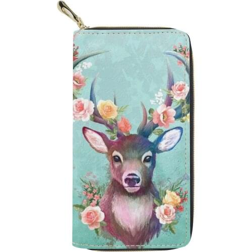 Cute Womens Wallet PU Leather Ladies Card Wallet Deer Print Zip Around Long Purse Travel Money Coin Clutch Bag for Cellphone