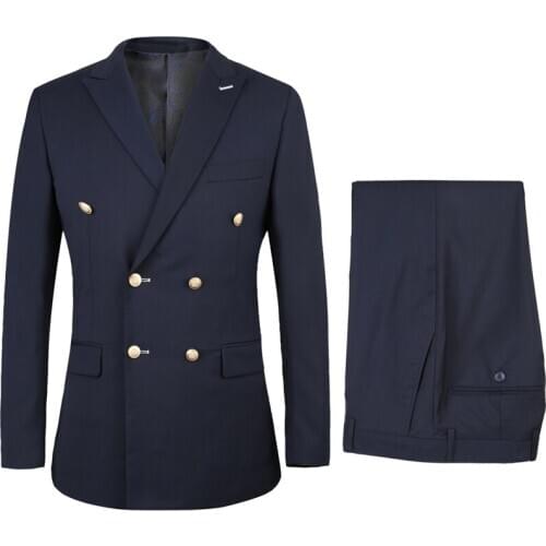 Navy Blue Business Suits Double Breasted Groom Tuxedos Peaked Lapel Groomsman Suit Custom Made Man Suit (Jacket+pants)