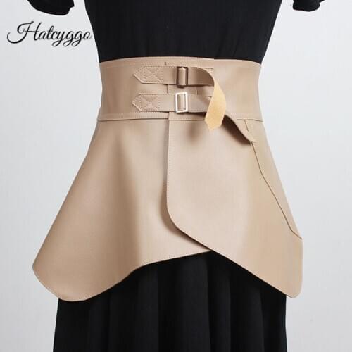 HATCYGGO Vintage Women Leather Belt Wide Cummerbund Black Corset Belts Fmale Slim Body Bondage waistband High Quality Dress Belt