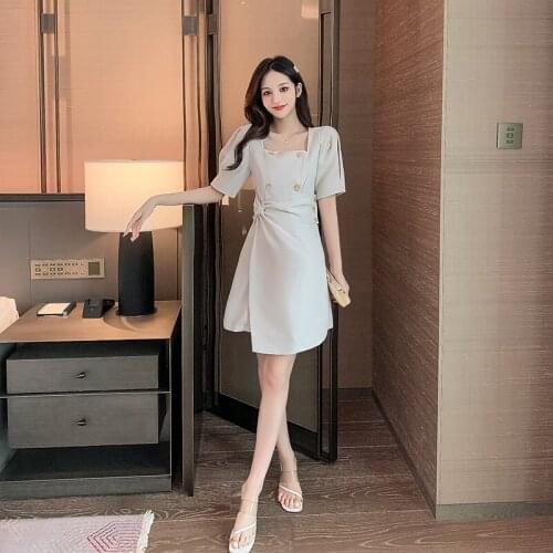 Vestido De Mujer 2021 Summer New French Vintage Square Collar Robe Puff Sleeve Waist Slim Dress One-Piece Korean Women Vestidos