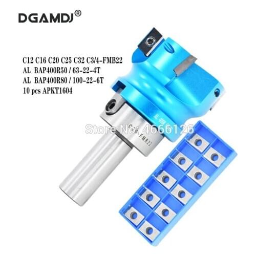 1set C12 C16 C20 C25 C32 C3/4 FMB22 Tool Holder+BAP400R50 63 80 100 22 4T 6T Aluminum Milling Cutter Head+10pcs APKT1604 Insert