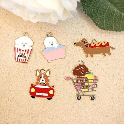 5pcs/lot Animal Series Shopping Dog Bathing Dachshund Hot Dog Enamel Charms for DIY Earring Jewelry accessories Finding XL747