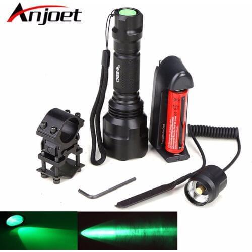 Anjoet Flashlight Hunting Torch Flash Light Green Spotlight Q5 LED ON/OFF Mode With Gun Clip Remote Pressure Switch 18650 Charge
