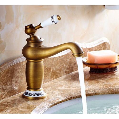 Antique Brass Ceramic Base Deck Mounted Single Ceramic Handle Bathroom Vessel Basin Sink Faucet Mixer Water Taps mnf503