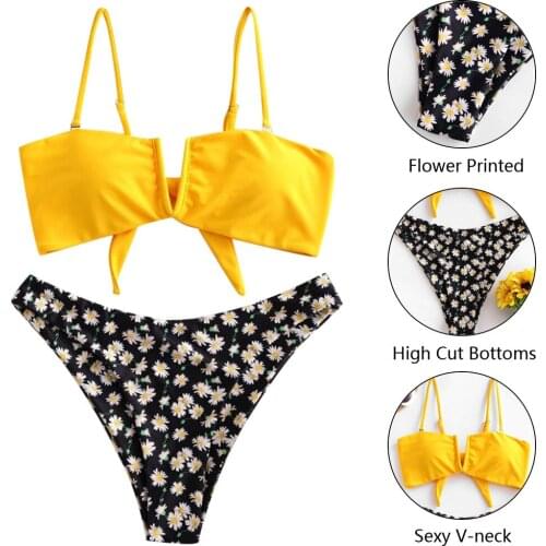 Yellow Black Floral Bikini Sets Sexy Cut Out Padded Swimsuit Two Pieces Swimwear Women 2021 Girls Beach Bathing Suits