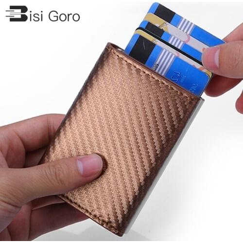 BISI GORO Carbon Fiber Smart Wallet Magnetic Single Box Crazy Horse Leather Men Automatic Aluminum Card Holder RFID Mini Purse