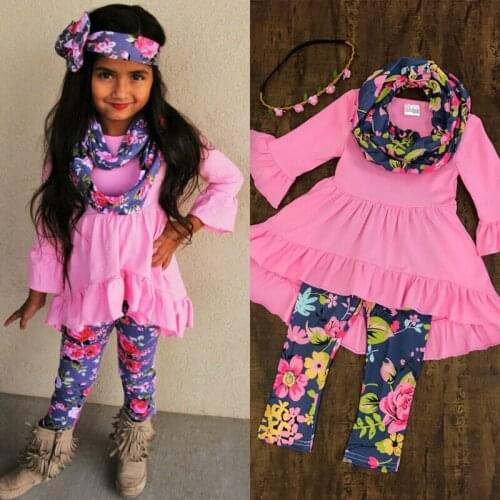 Toddler Kids Baby Girls Flower Top Ruffle Pink Blouse Floral Pants Leggings Outfits Set Clothes