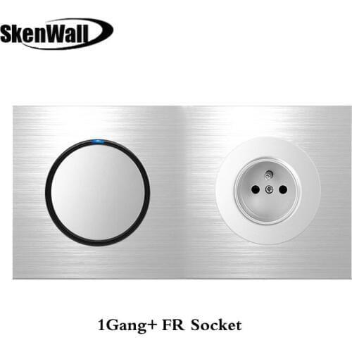 French Socket Double Panel Switch+ Socket Household Silver Aluminum Alloy Panel Switch Socket 90V-250V