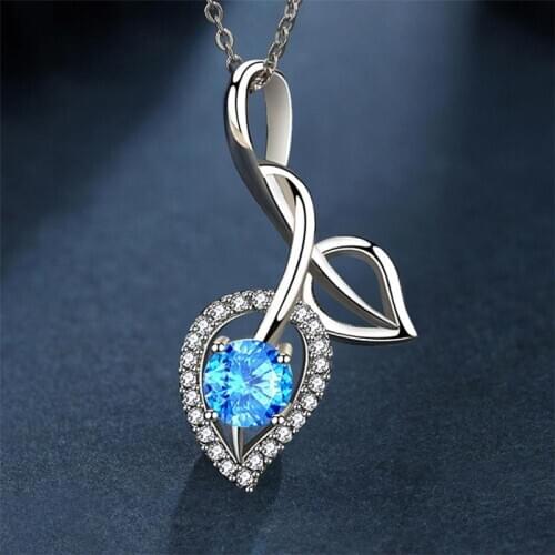 Fashion Crystal Blue Leaf Pendant Necklace For Girl Princess Choker Accessories Bright CZ Female Silver 925 Necklace Women Bijou