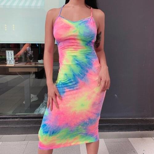 Fashion Women Dress Sexy Sleeveless Bodycon Backless Sundress Beach Casual Colorful Dresses Summer Slim Tie Dying Long Dress