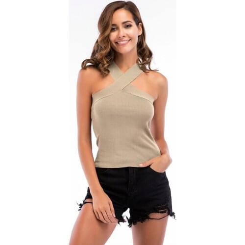 Fashion Women Cross Shoulders Off-The-Shoulder Vest Knit Thin Casual Solid Color Halter Neck Sleeveless Khaki Knit Tops
