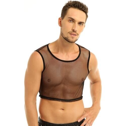 Men See-through Mesh Fishnet Muscle Tank Top Sexy Exotic Sleeveless Vest Slim Crop Top Club Party Homme Hollow Out Mini Tank Top