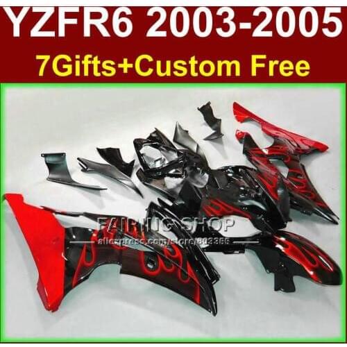 Red flames in black body parts for YAMAHA ABS fairings YZF R6 2003 2004 2005 fairing kit r6 03 04 05 +7gifts 8T5