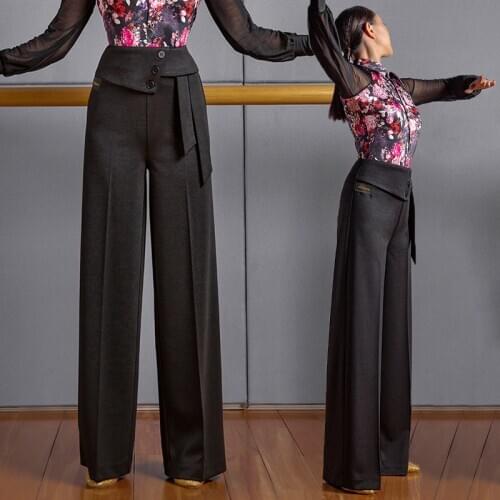 Ballroom Dance Clothes Women Black Pants Wide Leg Loose Ballroom Trousers Tango Waltz Dance Wear ChaCha Tap Dance Pants DNV14289