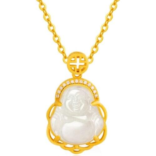316L Stainless Steel Gold Inlaid Crystal Necklace Female White Stone Buddha Auspicious Pendant Good Luck Ladies Necklace
