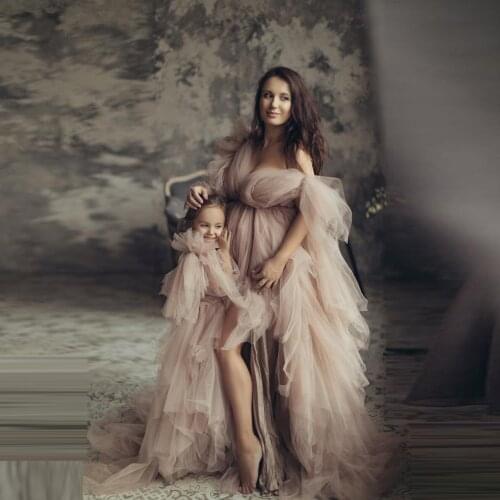 Mommy and Me Party Dresses Robe De Soiree Nude Khaki Puffy Sleeve Maternity Shoot Evening Gowns Formal Dress Soft Tulle abiye