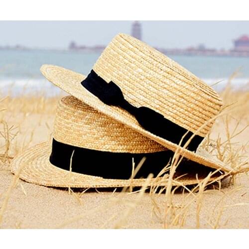 Summer Womens Boater Beach Hat Casual Panama Hat Lady Classic Flat Bowknot Straw Sun Hat Women Ribbon Round Flat Top Fedora