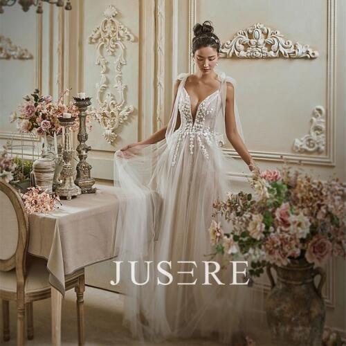 Champagne color A-Line spaghetti v neck bow embellishment lace applique tulle skirt sweep train evening dress prom dress