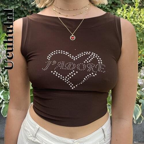 Ucuhulnl Heart-Shape Rhinestone Women Crop Top Tanks O Neck Bodycon Sexy Streetwear Casual 2021 Summer Clothes Fashion Cute