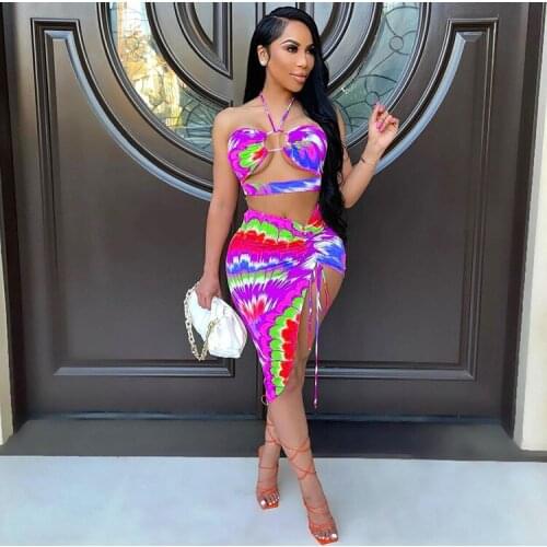 VAZN 2021 Special Summer Bikini Strapless Print 2 Piece Set Boho Beach 2 Piece Set Women Sleeveless Top And Short Skirt Autumn