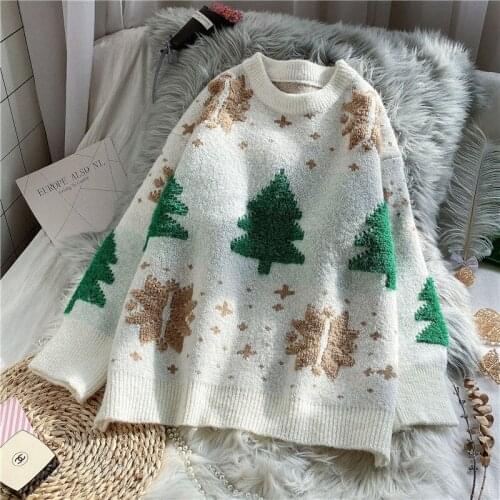 UrifensFemale Printed Christmas Tree Snow 2021 Autumn And Winter Student Japanese Diamond Jacquard Pullover Sweater P9
