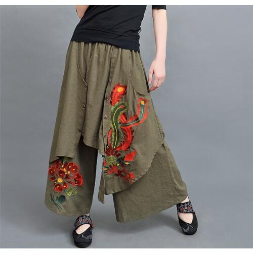 Hot Sale Vintage 70s Ethnic Wide Leg Pant Women Autumn Spring Chinese Style Green Black Red Trousers Free Shipping