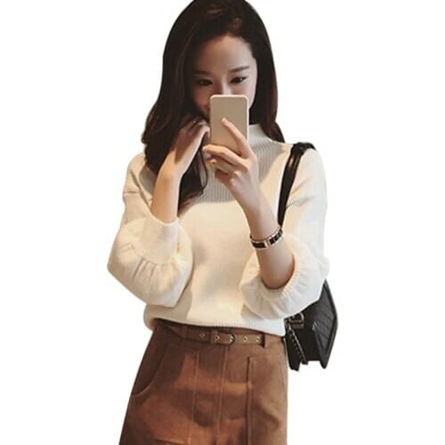 Women Jumper Pullover Solid Tops Casual Long Lantern Sleeve Loose Knitted Turtleneck Sweater Female Autumn Pull