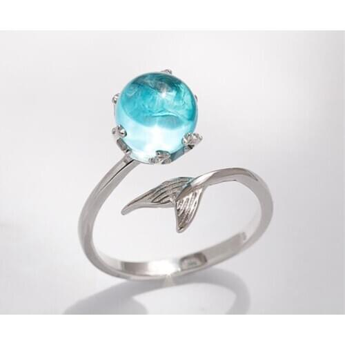 925 Sterling Silver Blue Crystal Mermaid Rings for Women Statement Jewelry Finger Ring Creative Jewelry jz137