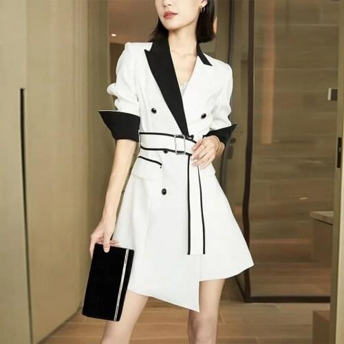 Counter Quality Irregular Design Sense Suit Dress Female Autumn 2021 Mid-Length Contrast Double-Breasted Suit Commuter Buttons D