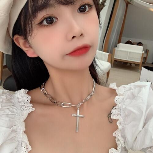 Goth Vintage Silver Color Cross Pendant Necklace for Women Punk Style Thick Chain Necklace Choker Collares Party Jewelry Gifts