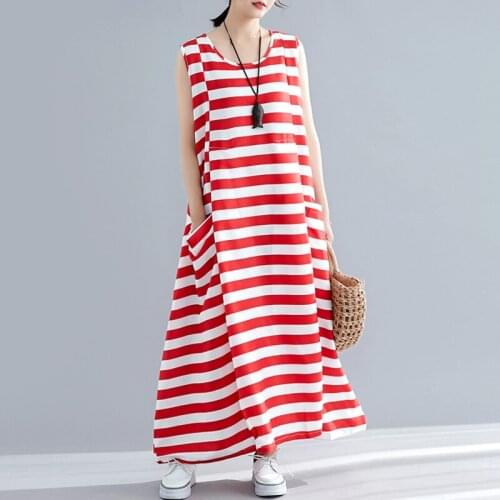 Oversized loose striped pocket women dresses 2020 summer new sleeveless A-line knee-length lady elegant dresses top qualty