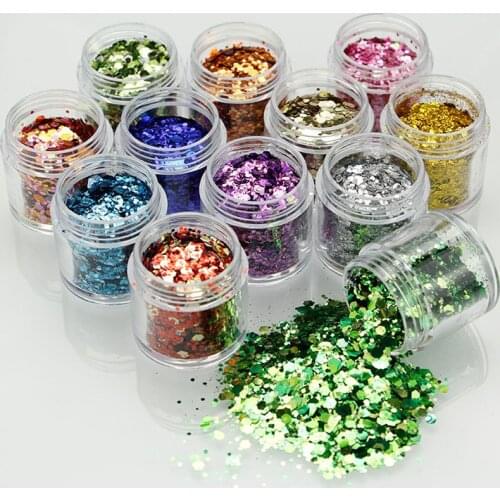 11colors 1box 10ml Chunky Glitter Hexagon Mixed Size Nail Sequins Chrome Powder Eye Shadow Makeup Flakes Nail Art Decoration DL4