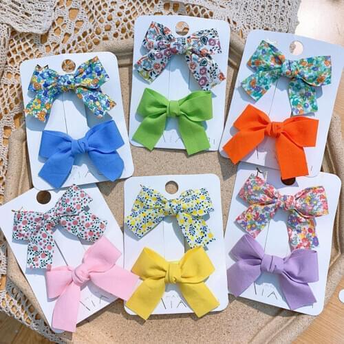 2Pcs/Lot Fashion Girls Hairpins Children Handmade Bowknot Hair Clip Cloth Flower Print Duck Clip Solid Barrette Hair Accessories