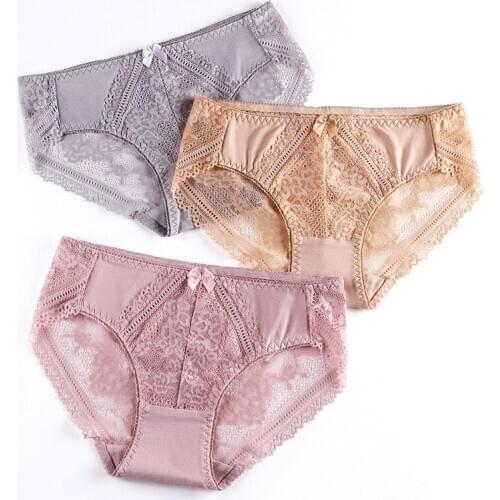 IZICFLY New Style Japanese Cute Lace Hollowout Floral Blue Underwear Women Plus Size Panties Female Panty-Random Color-3 Pcs