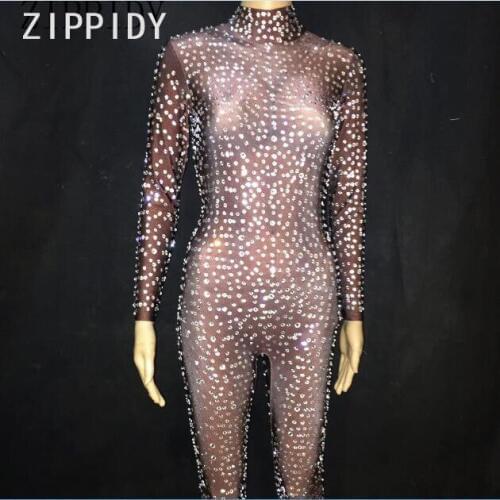 Sparkly Silver Full Rhinestones Black Jumpsuit Sexy Stones One-piece Bodysuit Nightclub Prom Womens Birthday Party Show Clothes