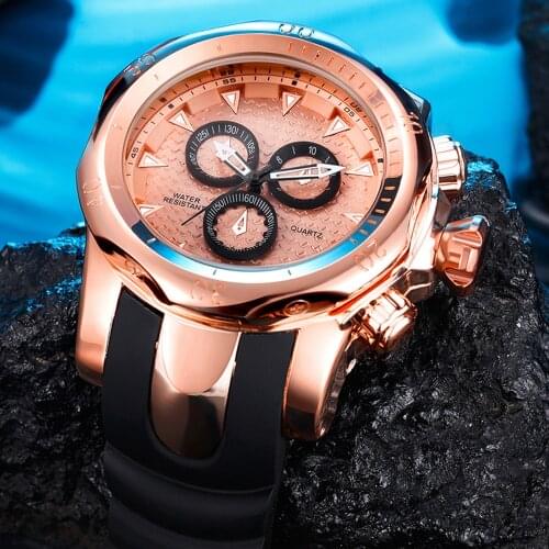 Mens Watches Full Stainless Steel Multifunctional Chronograph Quartz Watch Rose Silicone Strap Luxury Clocks Relógio masculino