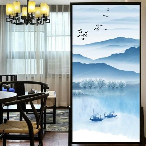 Privacy Windows Film Decorative Landscape Ink Painting Stained Glass Window Stickers No Glue Static Cling Frosted Window Cling