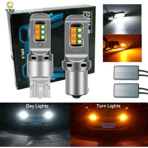 DRL Running Turn Signal 2 in 1 3535 12SMD P21W PY21W BA15S BAU15S W21W 7440 LED Canbus Dual Color White Amber Car Bulbs No Error