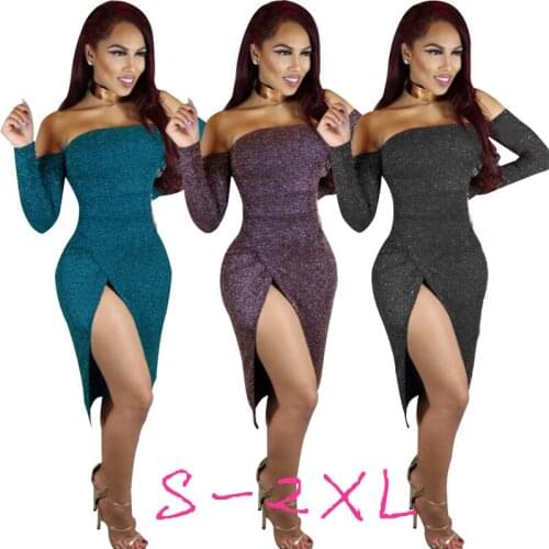 Europe Women Dress 2021 Hot Style One Word Led Package Hip Vented Off Shoulder Sparkling Dresses Vesridos LDM190311