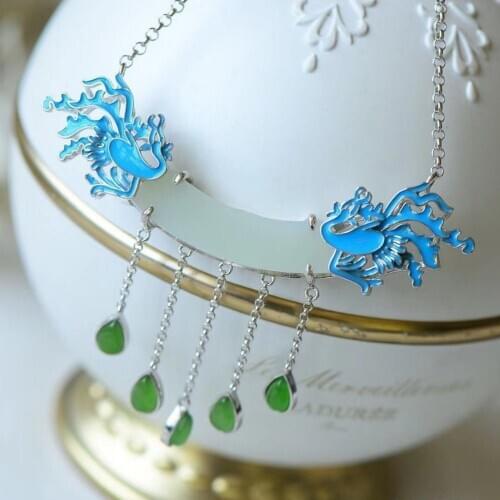 Natural Hetian white jade pendant necklace China retro palace style Phoenix aristocrat tassel water drop luxury jewelry
