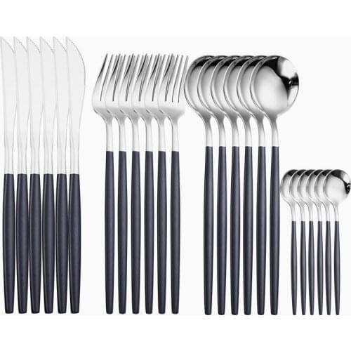 16pcs Stainless Steel Cutlery Black Silver Silverware Set Forks Knives Spoons Tableware Set Flatware for Restaurant Dropshipping