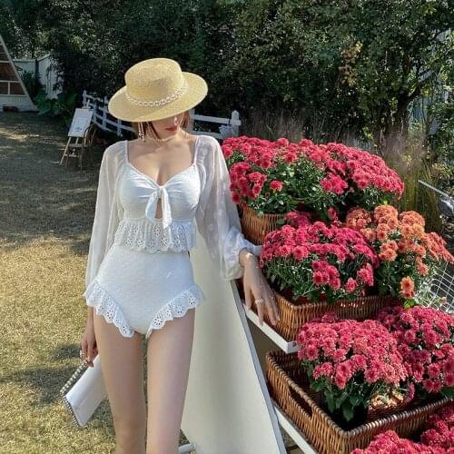 2021 New Korean Style Sexy One Piece Swimsuit Women Bathing Suits Long Sleeve Swimwear Summer Beach Wear Swim Suit