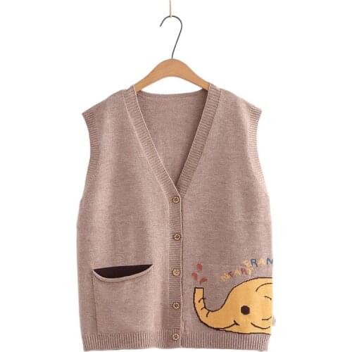 Single-breasted Women Sweater Vest Cartoon Elephant Embroidery Knit Pullover 2021 Winter V-neck Warm Coat Ladies Jumpers Tops