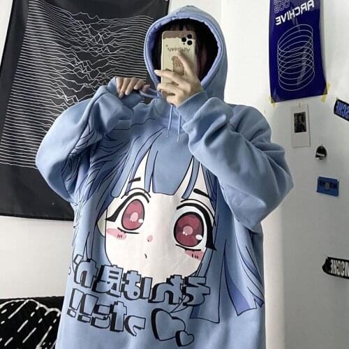 Harajuku Style Autumn and Winter College Style Two-dimensional Cute Girl Blouse Pattern Printing Plus Fleece Hooded Hoodie