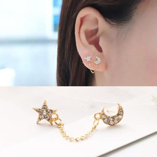 Classic Xingyue Earrings, Korean Jewelry Two Hollow (1 Price) Gold Crystal Chain Imitation Rhinestone Double Ear Pierced Earring