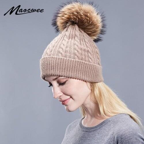 Beanie Hats Women Hat PomPon Knitted Beanies Cap Autumn Winter Warm Pure Colour Striped hats Fashion Raccoon Sparkling Pearl
