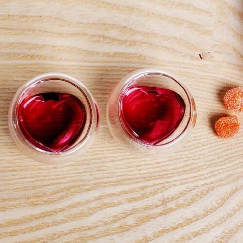 Free shipping double walled glass tea cup, mini couple heart shape fashioned glass cups