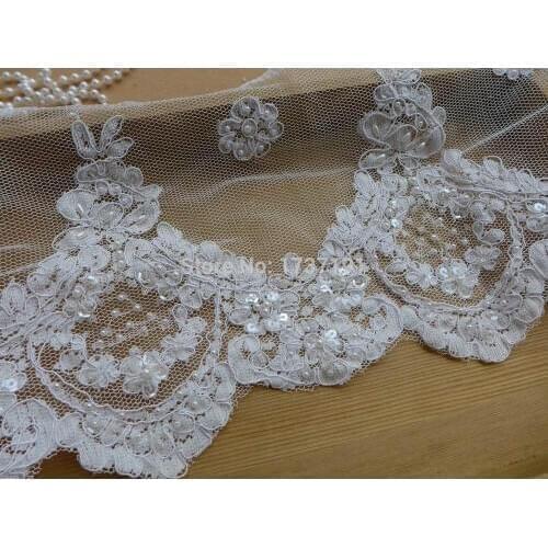 3 Yards Bridal Veil Scalloped Alencon Lace Trim In Ivory Beaded and Sequins Fabric For Wedding Gown