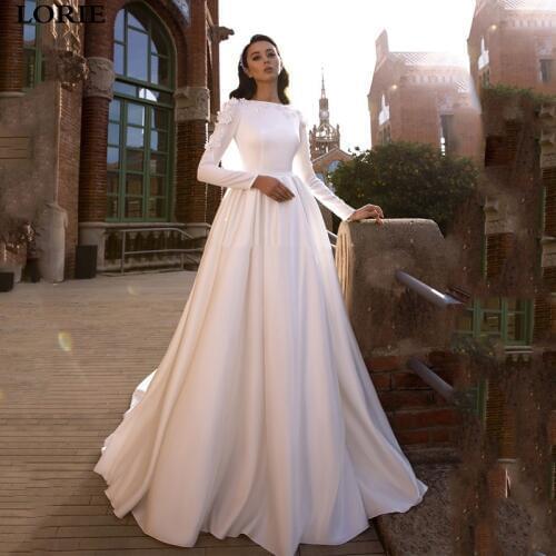 LORIE Satin Wedding Dresses 3D Flowers Lace Bride Gown Long Sleeve Muslim Wedding Gown Covered Back Vestido de novia 2019