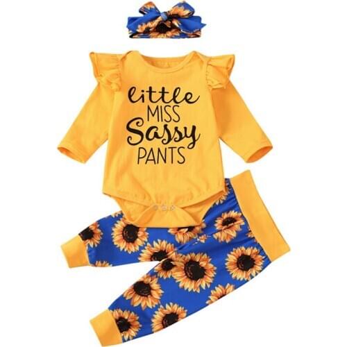 One Persent 2021 Girls Warm Suit Letter Print Lace Long Sleeve Top Bodysuits Sunflower Pants Suits Clothing Newborn Set